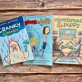 best chapter books for 1st graders including cranky chicken, bink and gollie and cornbread and poppy