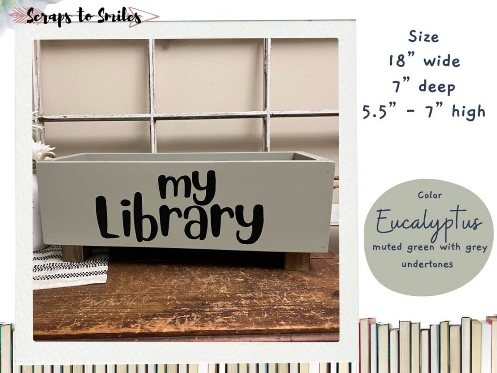 photo shows a book bin with the caption "my library"