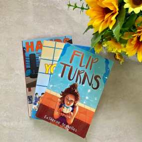 a stack of three books for 12 year olds including flip turns, you are here, and hands