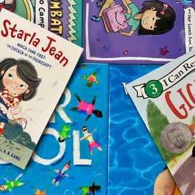 a flat lay of books for 1st graders