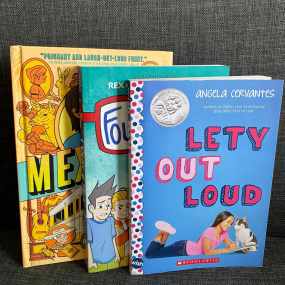 stack of books for 8th graders - lety out loud, mexikid, and four eyes