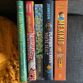 a tack of books for 9 year olds including mexikid, birdie's billions, and link + hud