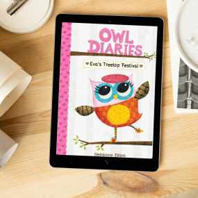 a tablet shows the cover of owl diaries by rebecca elliot