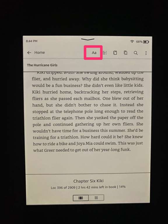a kindle showing how to change font size