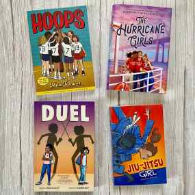 four middle grade sports books - duel, hoops, hurricane girls, jijitsu girl