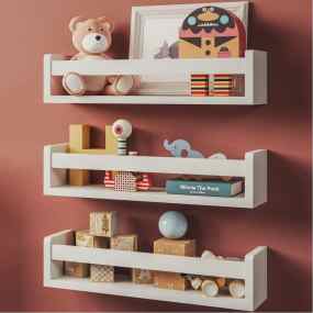 three nursery bookshelves ledges holding baby toys