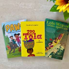 three short books for 4th graders: too small tola, paws graphic novel, and lola weaver swims upstream