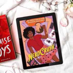 a flatlay of a tablet and a book showing two short books for teens - nerdcrush and promise boys