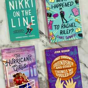 four middle grade books for older middle schoolers lie in a grid