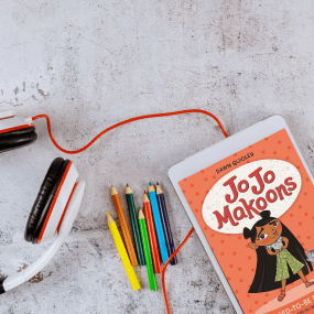 a tablet shows jojo makoons an audiobook for 2nd graders