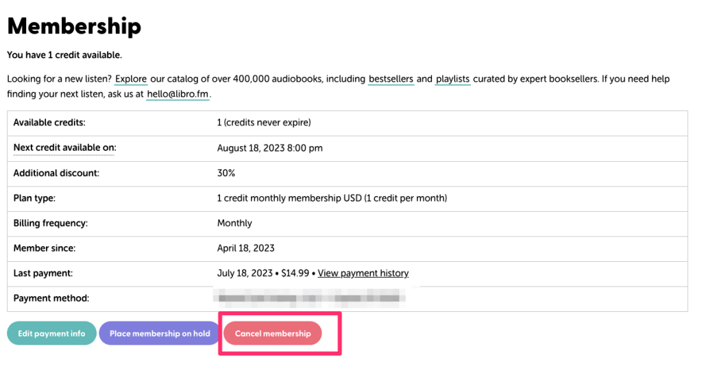 screenshot showing how to cancel libro fm