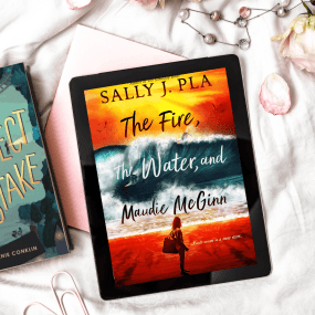 a tablet showing the fire the water and maudie mcginn lies next to a book, the perfect mistake by melanie conklin